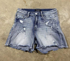 Pantalones cortos de mezclilla Judy azul desgastado tiro alto dobladillo deshilachado lavado medio para mujer W29 - Imagen 1 de 7
