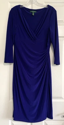 Lauren Ralph Lauren Dress Womens 10 Blue Faux Wrap Ruched V Neck Wedding - Image 1 of 4