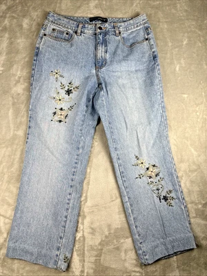 Jeans feminino vintage Y2K Venezia perna larga tamanho 14 lavagem leve com miçangas retas - Imagem 1 de 4
