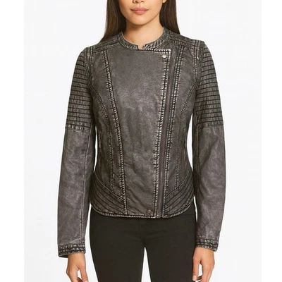 JouJou Vegan Leather Moto Jacket Women’s M Black Biker Zip Front Edgy Punk - Image 1 of 4