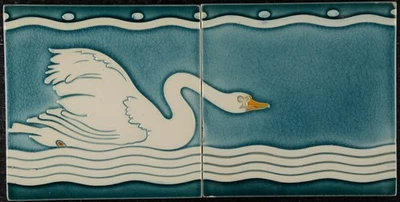 Attractive Original  Art Nouveau tile set C 1900 NstG swan - Image 1 of 4