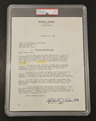 Rare 1986 MIKE SCHMIDT Signed Letter to MLB Commissioner PETER UEBERROTH-PSA 9 - Image 1 of 4
