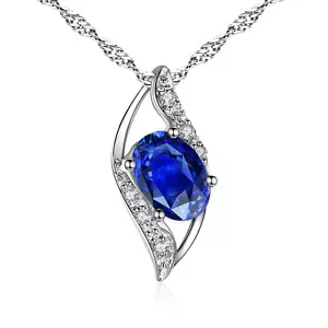 Damen Sterlingsilber simuliert oval blau Saphir Halskette Blatt Anhänger für sie - Bild 1 von 11