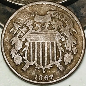 1867 Two Cent Piece 2C Ungraded Circulated US Copper Coin CC25785 - Picture 1 of 4