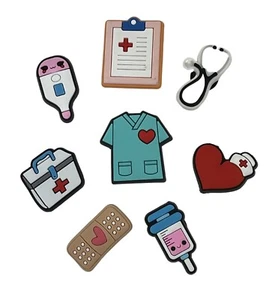 NURSE Medical Shoe Charms Band aid Thermometer Stethoscope Fits CROCS (8 Pc) - Picture 1 of 2