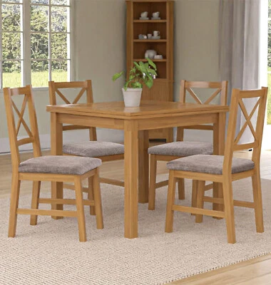Dining Table Set, Small Extending Table with 4 Cross Back Oak Chairs, Grey Seat - Image 1 of 4