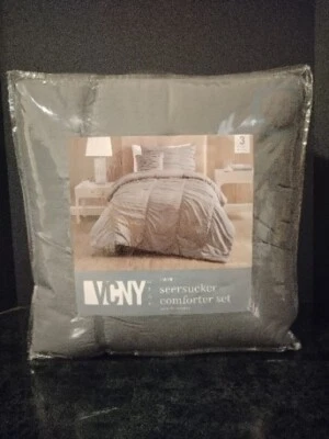 Twin 3 Piece Seersucker Sumara Stripe Gray Comforter Sham & Pillow Set VCNY Home - Image 1 of 4