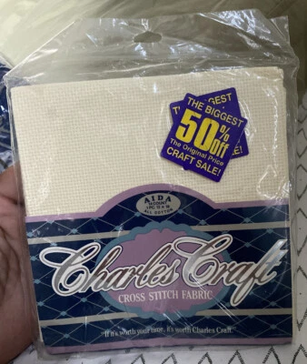 Vtg Charles Craft Cross Stitch Fabric 14 Count Aida  12x18 Ivory Nos 1 Piece - Image 1 of 2