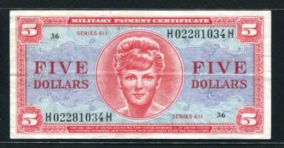 USA 1964, Military Payment, Series 611, 5 Dollar, H02281034H, M55, VF+ - Image 1 of 2