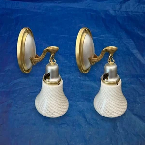 Pair Rewired antique Brass Art Deco sconces Nice White Shades 26C - Picture 1 of 7
