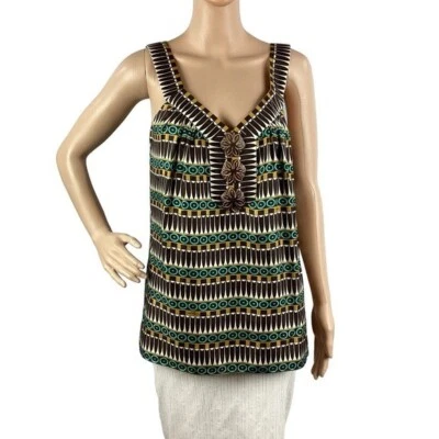 Milly NY 100% Silk Tank Top Size 8 Brown Aqua Print Side Button Blouse - Image 1 of 4