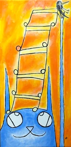 Cat Bird Painting Original Music Sunset Collectible Folk Art by Samantha McLean - Picture 1 of 6