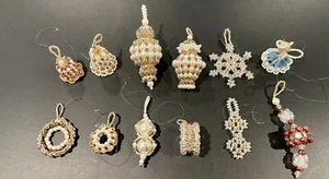 Vintage Pearl & Gold Colored Beaded Christmas Ornament Lot Snowflake Bell Angel - Picture 1 of 8