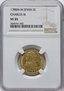Spain - 1788M M Carlos III 2 Escudos - NGC VF35 - BEAUTIFUL ORANGE PEEL COLOR! - Picture 1 of 2