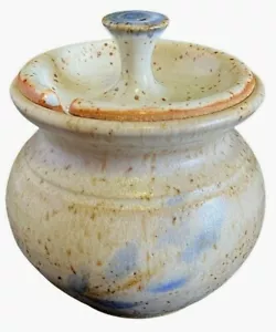 Stoneware Pottery Sugar Bowl w Lid Honey Pot Brown Fleck Blue Handcrafted Signed - Picture 1 of 12