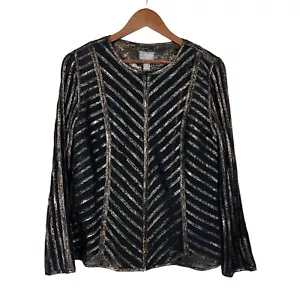 Chicos Travelers Jacket 1 Medium Black Brown Mesh Sheer Animal Print Full Zip Up - Picture 1 of 11