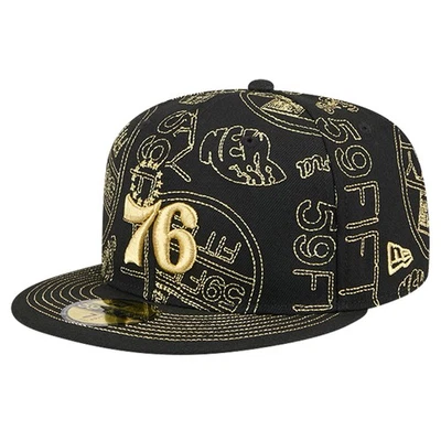 Men's New Era Black Philadelphia 76ers 59FIFTY Day Allover Print Stencil Fitted - Image 1 of 4
