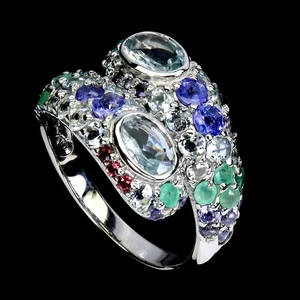 925 Sterlingsilber Ring Aquamarin 7x5mm Smaragd Rhodolith Tansanit Größe 8 - Bild 1 von 14