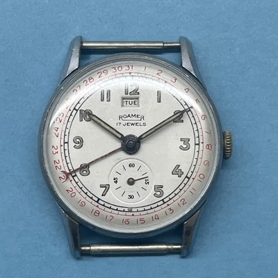 1950s Roamer Pointer Day Date Calendar Vintage Wrist Watch 17 Jewels Working - Image 1 of 4