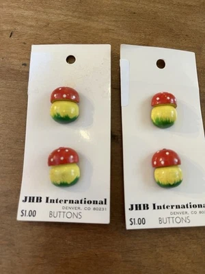 2 Packs Vintage JHB Wood Buttons Mushrooms Red Cap Yellow Stem Green Grass 5/8" - Image 1 of 4