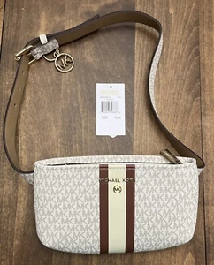 MICHAEL KORS logo center stripe faux-leather belt bag CreamBrown MK Purse - Picture 1 of 5