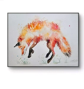 Original watercolour painting signed by Elle Smith of a Leaping Fox, wall art, - Picture 1 of 8