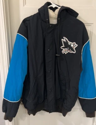 РЕДКАЯ стартовая куртка San Jose Sharks с капюшоном на молнии винтажная черная бирюзовая с надписью - Изображение 1 из 4