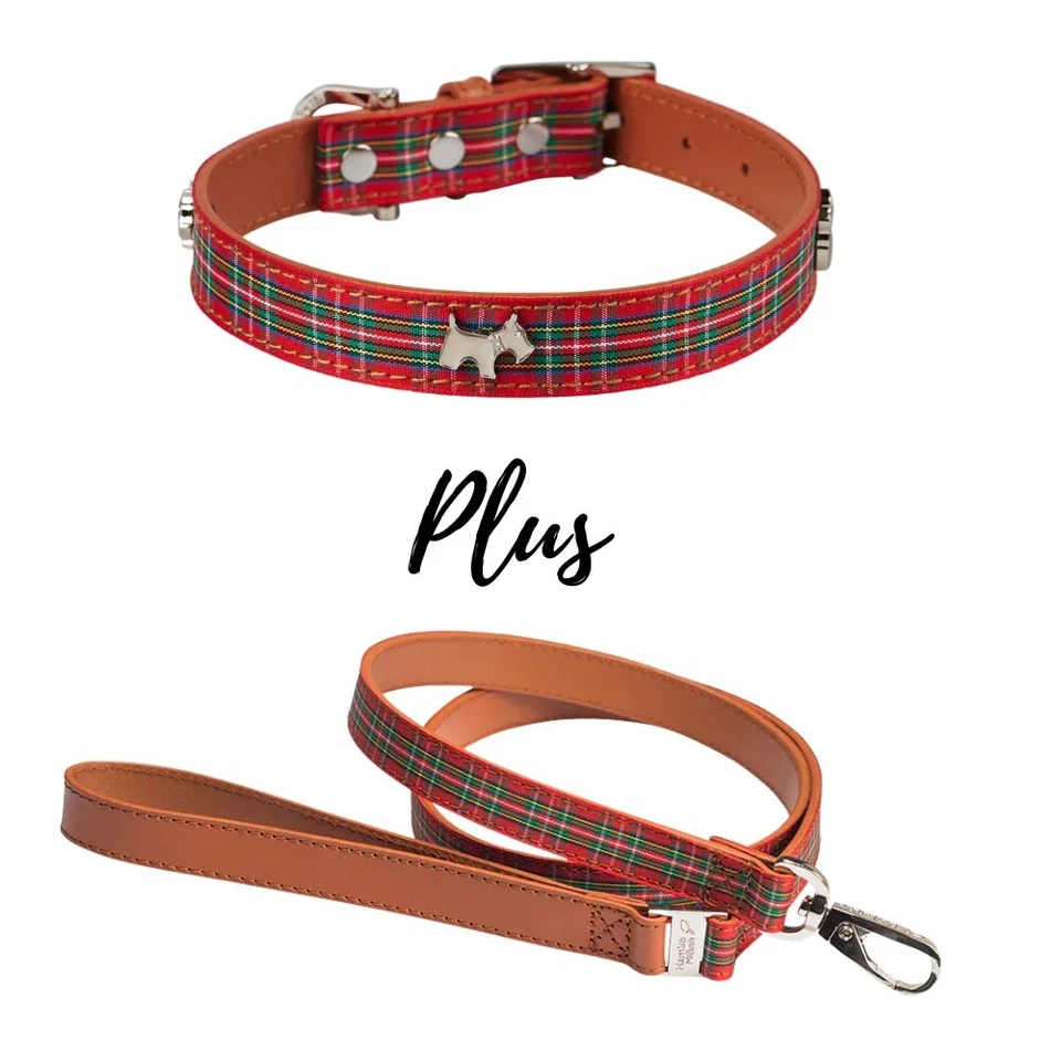 Hamish McBeth Highland Tartan Red Collar and/or Lead Set, Leather, Czech Crystal