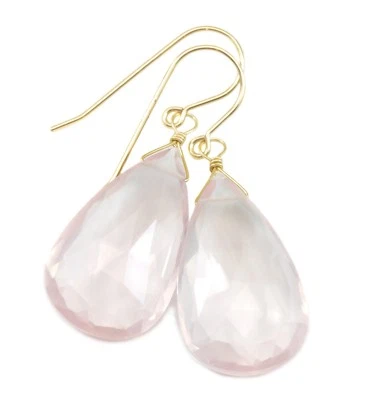 Pendientes de cuarzo rosa X grandes gotas de pera facetadas lágrima rosa oro de ley de 14 k Foto 1 de 4