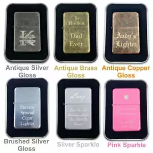 Engraved Flip Lighter Metal Any Text Any Logo Personalised Refillable & Gift Tin - Foto 1 di 9