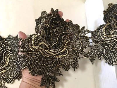 One Pair 3D Gold & Black Floral Embroidered Appliques for Sewing/Bridal/Crafts - Image 1 of 4