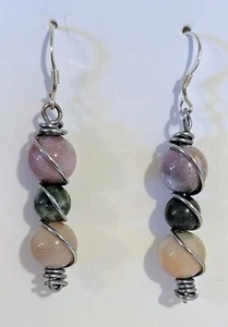 Earrings Drop Natural Agate Beads Wire-Wraped 925 Silver Hooks Pierced Handmade  - Picture 1 of 4