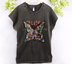 Free People Women's Valentine Sequin Butterfly Boxy Distress Top Sz S - Picture 1 of 10