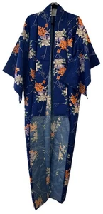Handgenähter Blumen Kimono Morgenmantel Kobaltblau Statement Stück Obi Schärpe fehlt - Bild 1 von 10
