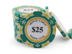 100 Monte Carlo Poker Club 14g Premium Clay Poker Chips - Green $25 Denomination - Picture 1 of 2