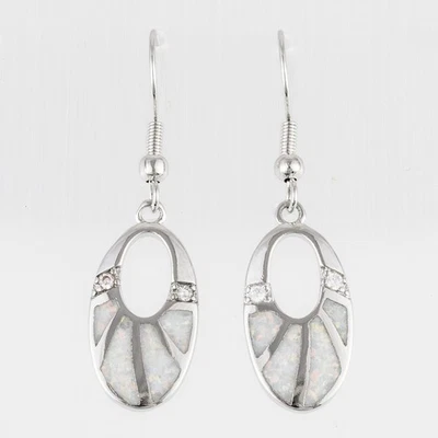 Oval White Fire Opal CZ Silver Jewelry Dangle Drop Earrings - Image 1 of 4