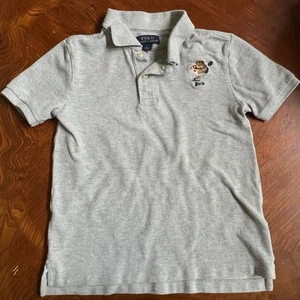 Polo Ralph Lauren Boys Gray Football Player Bear Mesh Polo Size 7 - Picture 1 of 6