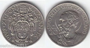 V1, VATICANO PIO XI 20 CENTESIMI 1930 IX , KM# 3 , SPL / QFDC , XF / AUNC - Imagen 1 de 1