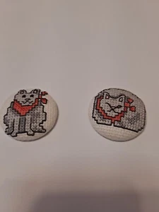 Pair of Vintage CrossStitch Button Covers Cat And Dog? Adorable - Picture 1 of 5