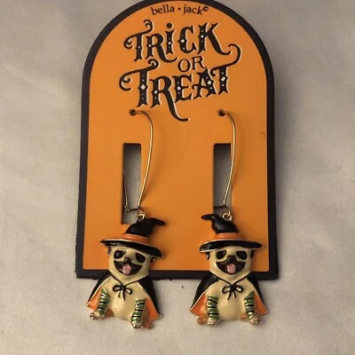Bella Jack Gold Tone Enamel Pug Dog Wearing Witch Costume Drop Earrings NWT - Image 1 of 4