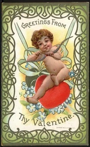 Liebe Grüße von DEINEM VALENTINSTAG! Cherub mit Pfeil & Bogen. Vintage geprägte Postkarte - Bild 1 von 1