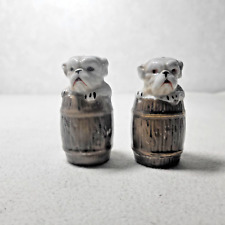 Vintage Bulldogs In A Barrel Salt And Pepper Shakers White Brown
