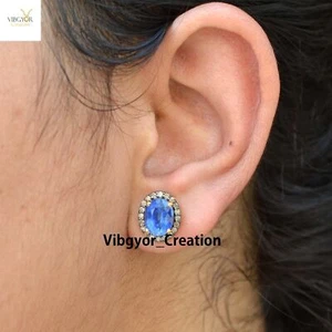 Aretes de diamantes pavé piedras preciosas de tanzanita enchapados en oro de plata 925 joyas - Imagen 1 de 3