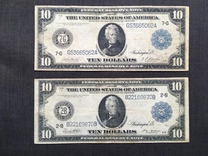 2 x 1914 $10 Ten Dollar Federal Reserve Note 7-G Chicago + 2-B New York - Picture 1 of 10