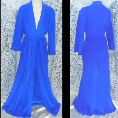 ВИНТАЖНЫЙ 70-Х VANITY FAIR M ~ L БЮСТ 42 «ДЛИННЫЙ КОРОЛЕВСКИЙ СИНИЙ ВЕЛЮРОВЫЙ ХАЛАТ ПАЛЬТО БЕЗУПРЕЧНЫЙ - Изображение 1 из 4