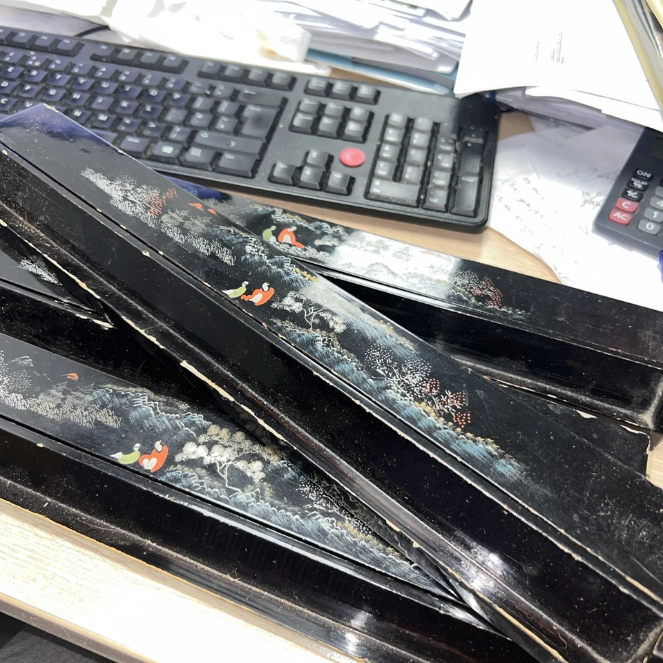 x4 Vintage Mahjong Game Tile Rack Lacquer Ware Hinged Chinese Hand Painted - Image 1 of 4