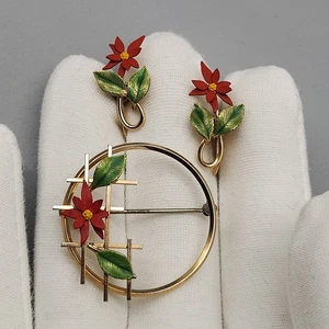 Vtg MCM Krementz Poinsettia Set Brooch Christmas Earrings Red Enamel Gold Tone - Picture 1 of 6