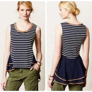 Anthropologie PostMarked Navy Striped Flowy Peplum Sleeveless Top Sz Med N - Picture 1 of 7