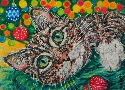 EMMA ACEO ORIGINAL - EUROPEAN SHORTHAIR - MERRY CHRISTMAS cat pets kitty animals - Image 1 of 4