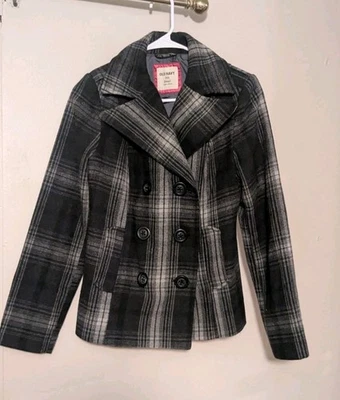 Old Navy Double Breasted Wool Blend Peacoat Size Small Darker Gray Plaid - Image 1 of 4